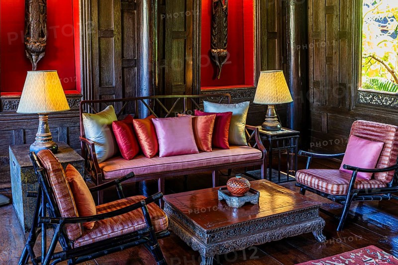 Jim Thompson house and museum, living room decorated with colored silk pillows, Bangkok, Thailand's metropolis, Thailand