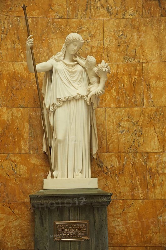 Eirene sculpture with the Pluto's cub, Greek goddess for peace with Plutos in her arms, boy, mythology, foyer, spa hotel, city center, Wiesbaden, Taunus, Hesse, Germany