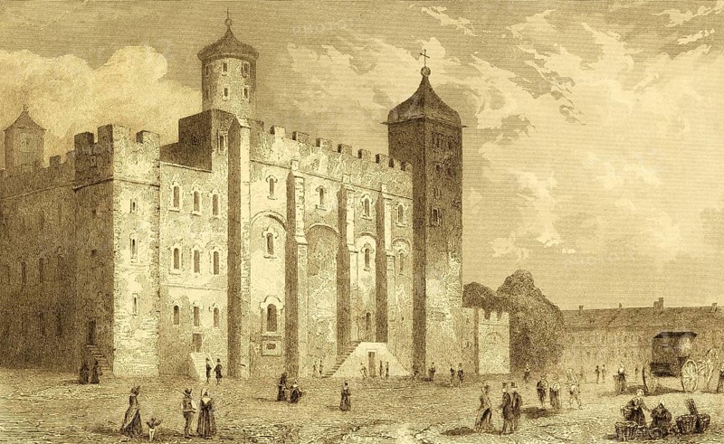 The White Tower of the Tower of London, fortress, battlements, walkers, round tower, square tower, architecture, Norman period, historic landmark, England, Great Britain, steel engraving, historical illustration 1842