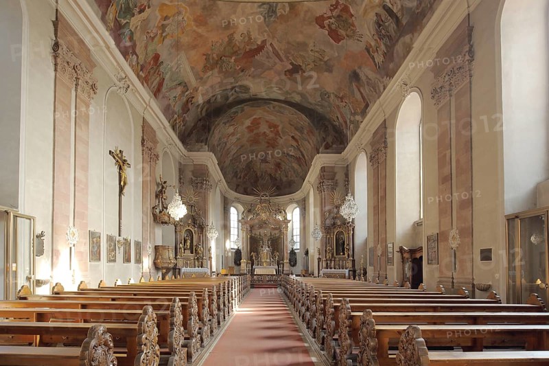 Baroque parish church of the Mother of God with frescoes, ceiling painting, interior view, Aschaffenburg, Spessart, Lower Franconia, Franconia, Bavaria, Germany