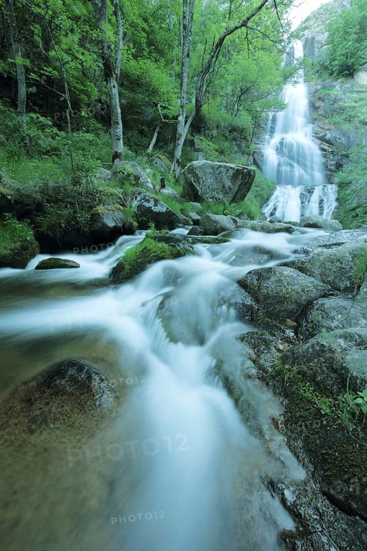 Cascade de Runes, waterfall, rocky cascade by the stream, water flow, blur of motion due to long exposure, photography technology, Le Pont-de-Montvert, Lozère, Cévennes, France