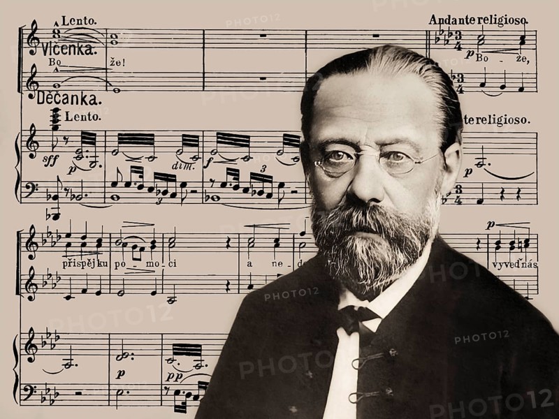 Bedrich Smetana, 1824 – 1884, Czech composer, digital edited according to a photograph, notation from his opera Branibori v Cechách, the Brandenburgers in Bohemia