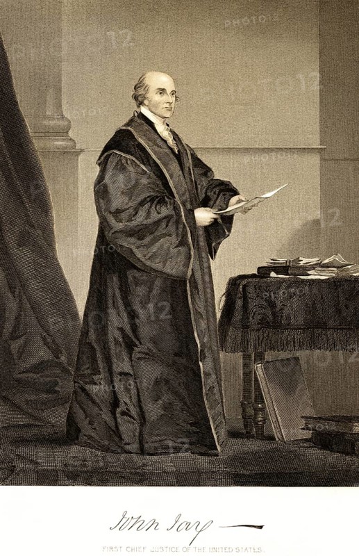 John Jay (1745-1829) politician, jurist, Chief Justice of the USA, diplomat, Secretary of State, Governor of New York, room, table, books, pile of papers, gown, serious look, standing, portrait of famous Americans, signature, artist Alonzo Chappel, steel engraving, historical illustration 1862