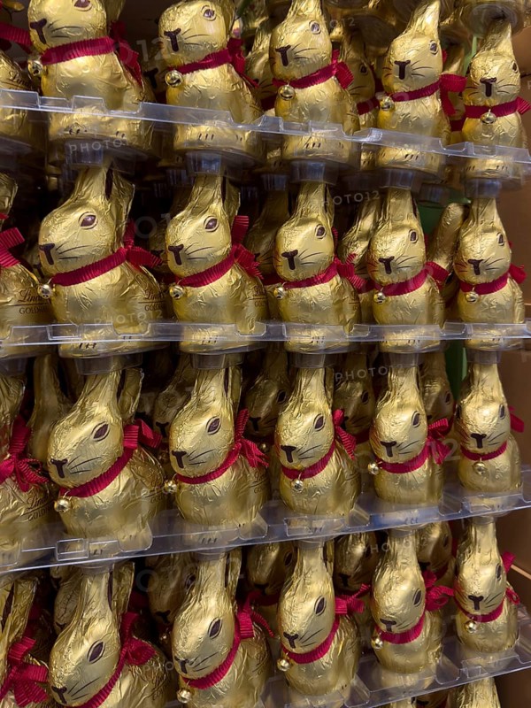 Display on shelf of retail wholesale of chocolate Easter bunnies chocolate Easter bunnies Easter bunnies made of chocolate brand Lindt wrapped in golden golden colored staniol paper, Germany