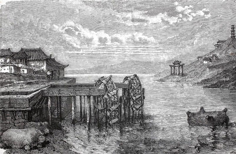 Traditional scene with water-drawing wheels, Noria, on a riverbank, China, 1875, from the Sosnowski Voyage through China, The Sosnowski Expedition (1874-1875) was an important Russian research and trade mission to China. Its aim was to open up new land routes for trade, and to examine the economic prospects, Illustration, Reproduction from a 19th century original. Authentic, file restored for optimal use, exact date of original unknown, Historical