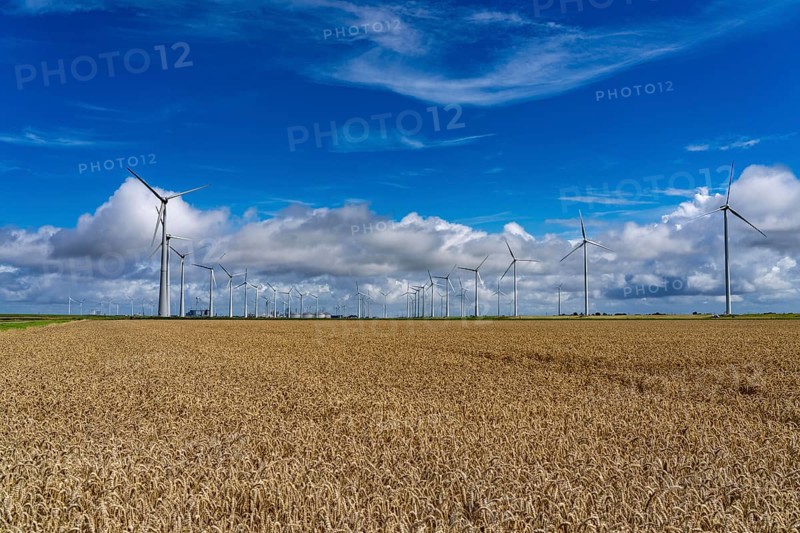 Wind farms Westereems and Growind, in the north of the Netherlands, near Eemshaven, energy centre, in addition to wind energy there are coal and gas-fired power plants and various energy infrastructure facilities, Netherlands