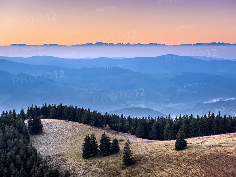 View from the summit of the Belchen (1414m) over the hills of the Black Forest to the Swiss Alps at dawn, fog in the valley, Baden-Württemberg, Germany