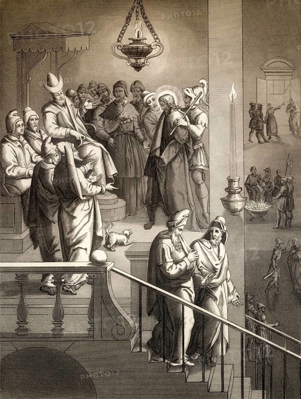 Jesus before Caiaphas, Peter again denies Christ, New Testament, steel engraving 1853, digitally restored