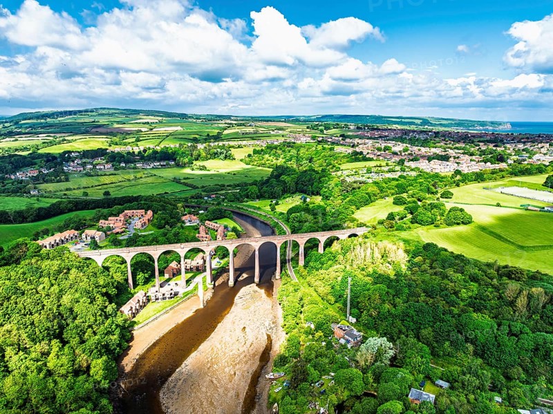 Larpool Viaduct over River Esk and Esk Valley Viaduct from a drone, Whitby, North Yorkshire, England, United Kingdom
