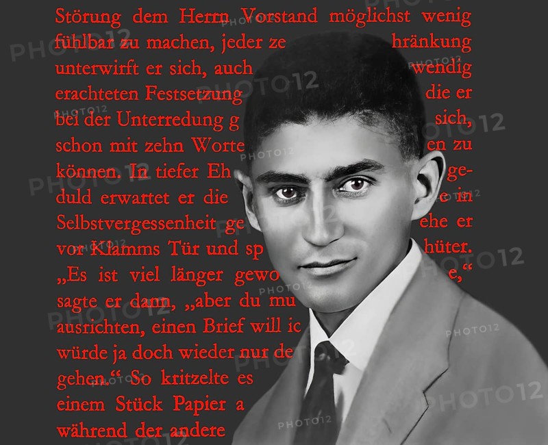 Portrait of Franz Kafka, 1883 – 1924, German-speaking Bohemian novelist, digitally edited according to a photograph and a page from „The Castle“