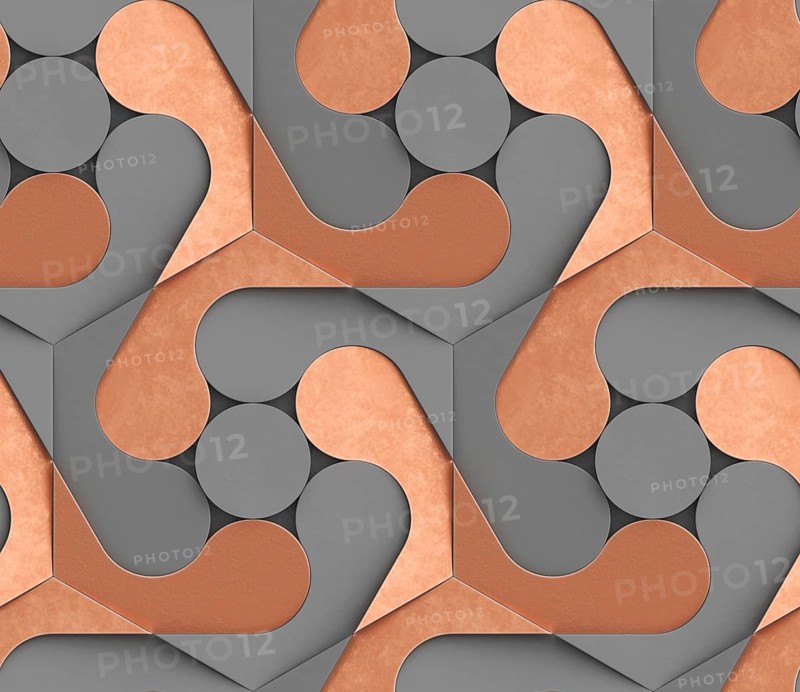 This 3D geometric pattern showcases a blend of circles, curves, and lines in a dynamic layout, perfect for modern wallpaper designs With its sculpted abstract shapes, it adds depth and texture