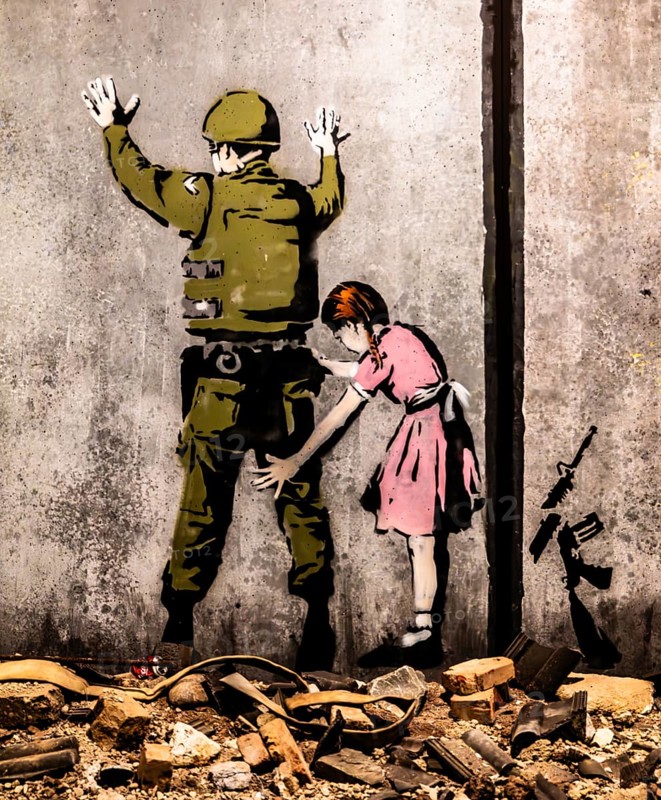 Banksy - The Separation Barrier and Bethlehem Murals, barrier between Israel and the occupied West Bank, girl controlling soldiers, 2005, Bethlehem, exhibition The World of Banksy