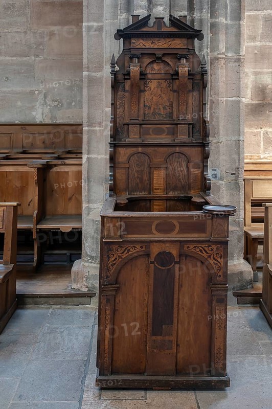 Craftsman's chair or alms chair of the carpenter's guild, 17th century, Lorenz Church, Nuremberg, Middle Franconia, Bavaria, Germany