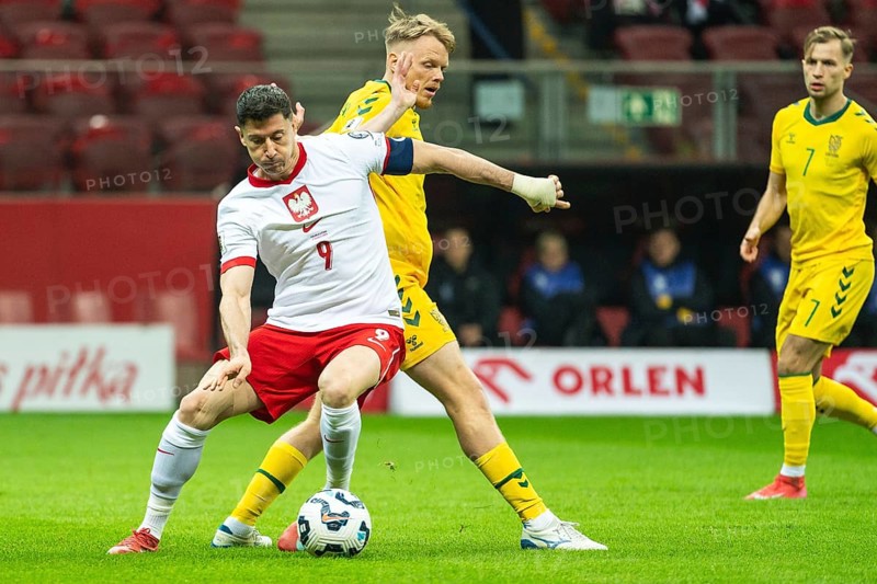 WARSAW, POLAND - MARCH 21, 2025: Qualifications for FIFA World Championship 2026. Match Poland - Lithuania 1:0. In action Robert Lewandowski