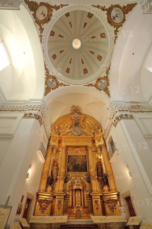 Interior view with altar and dome of the church Iglesia de San Francisco Javier, looking up, UNESCO old town, Caceres, Extremadura