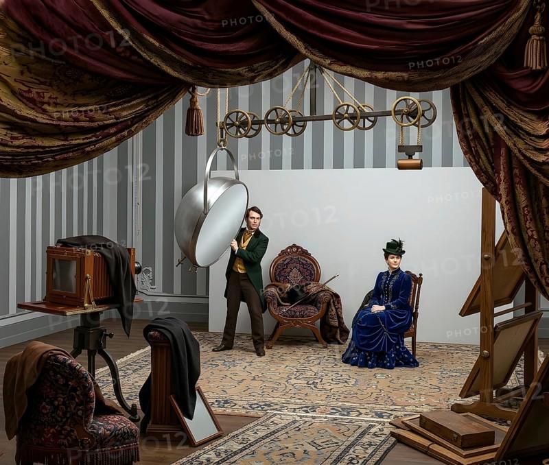 Portrait photo in the studio. Metal mirrors reflect electric light from the parabolic mirror, around 1881, historical illustration, photography, photo studio, digitally processed