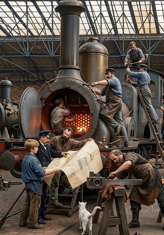 View of the Berliner Maschinenbauanstalt in Borsig, machine building, factory, industry, railroad, historical illustration, digitally edited