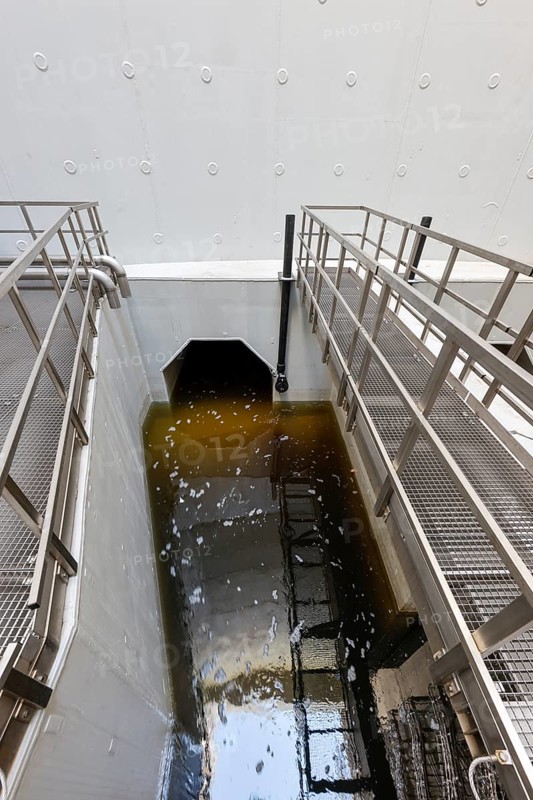 Oberhausen, Ruhr area, North Rhine-Westphalia, Germany - Emscher conversion, new Emscher AKE sewer, here the inlet channel from the Oberhausen pumping station, test run, the pumping station is being flooded on a trial basis, the pumps are also being tested, which will pump 16, 000 litres of wastewater per minute in future, the ecological conversion of the Emscher system consists of the construction of a central wastewater treatment system in the Ruhr area, the construction of sewers and the renaturation of the Emscher and its tributaries