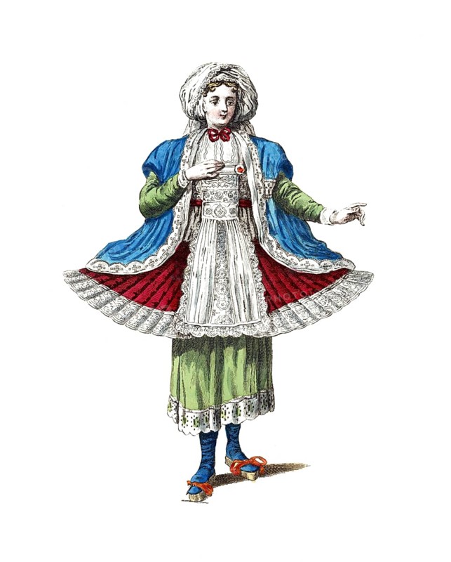 Historical clothing, fashion over time, Typical clothing of a young woman on Naxis, Naxus, an island in the archipelago, in 1700, Greece, digitally restored reproduction of a model from the 18th/19th century, exact date unknown, woman in colourful historical clothing with bonnet and red veil