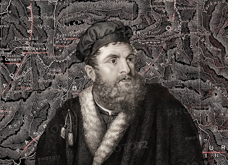 Marco Polo, c.?1254 –1324, an Italian merchant, explorer and writer, map of his travels, digital edited