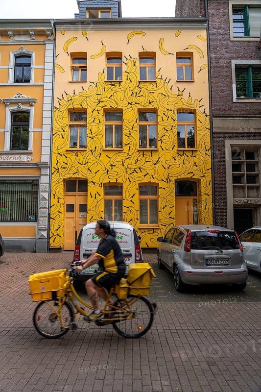 The Banana House, designed by banana artist, Thomas Baumgärtel, Karlstraße, harbour district Duisburg-Ruhrort, North Rhine-Westphalia, Germany