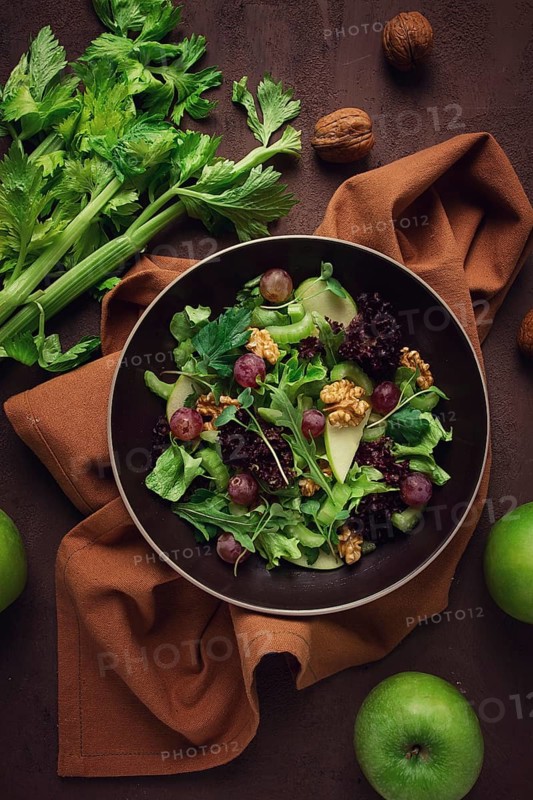 Fresh, Waldorf salad, celery stalk with chicken, apple and walnut, grapes, herbs, homemade, no people