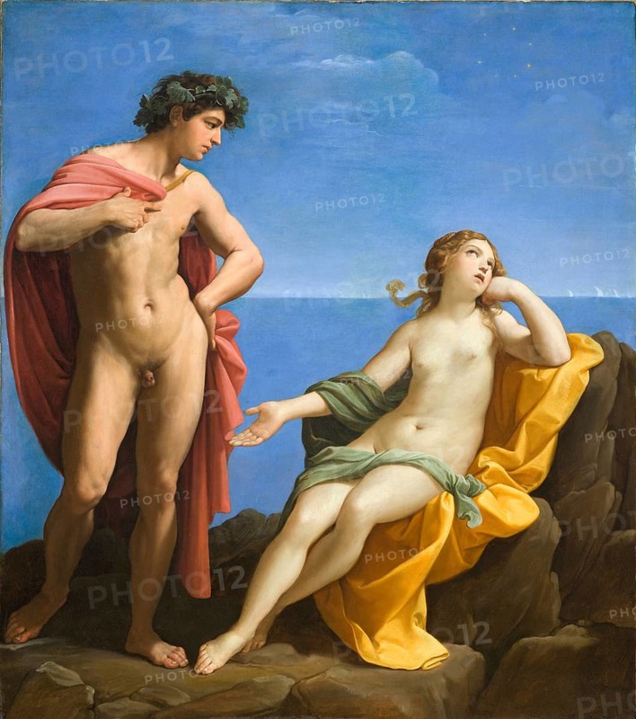 Painting, Reproduction of the painting, Work of art, Historical, Guido Reni, called il Guido or il divino Guido (b. 4 November 1575 in Bologna, d. 18. August 1642) Italian painter, fresco artist and etcher of the Bolognese school, main representative of a baroque classicism in painting, here the work:, Bacchus and Ariadne (circa 1619-1620), Bacchus and Ariadne (circa 1619-1620), Two mythological figures on rocks by the sea in a passionate scene under a clear sky