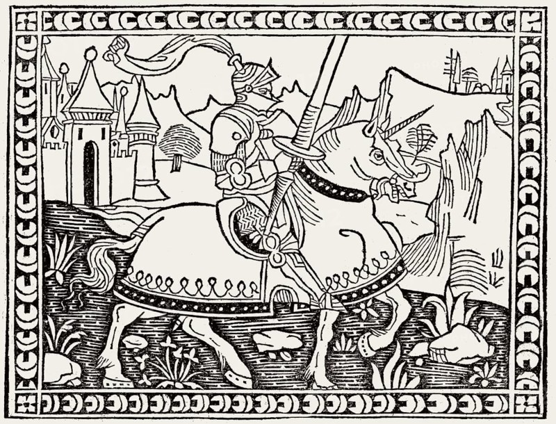 A knight on horseback, illustration from „La Giostra di Giuliano de Medici“ by Angelo Poliziano, ca. 1495–1500