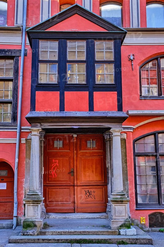 Columned portal with half-timbered bay, façade detail of the listed building at Badenstraße 44, UNESCO World Heritage Site, Hanseatic City of Stralsund, Mecklenburg, Western Pomerania
