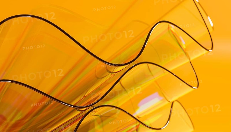 Abstract 3D render showcasing a vibrant crystal like structure with a smooth, glossy texture. The design features overlapping translucent layers against yellow background, creating a modern and minimalist aesthetic