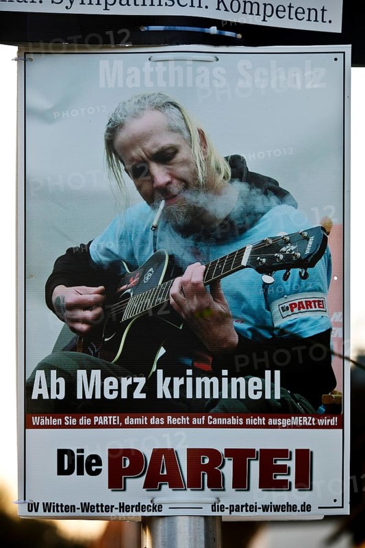 Election poster with Matthias Scholz, the direct candidate of Die Partei for constituency 139 in the 2025 Bundestag election, Witten, Ruhr area, Germany