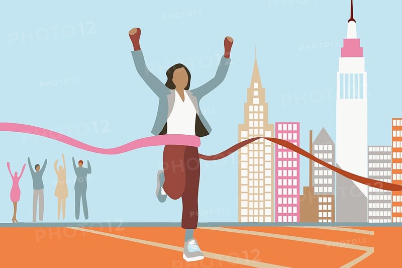 Woman wins race crossing finish line in city. Triumph, competition concept