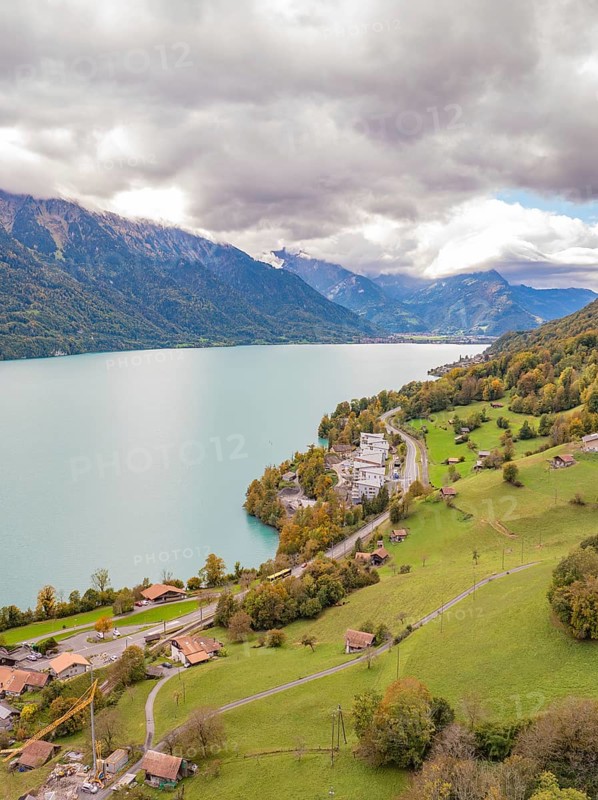 Alpine landscape with a lake, green meadows and hillside buildings under clouds, Lake Brienz. Switzerland