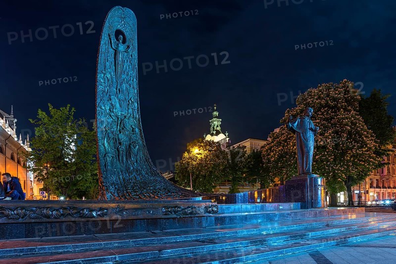 Nocturnal monument by Ukrainian poet and writer Taras Shevchenko, Lviv, Ukraine