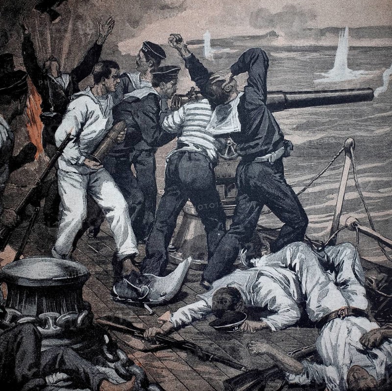 World War 1, Bombardment of a Russian cruiser off Varna in Bulgaria (original pictorial text from 1915, original colouring), illustration, reproduction from a 19th century original. Authentic, file restored for optimal use, exact date of original unknown, Historical, Sailors on a ship are involved in a fierce hand-to-hand combat while shots hit the water