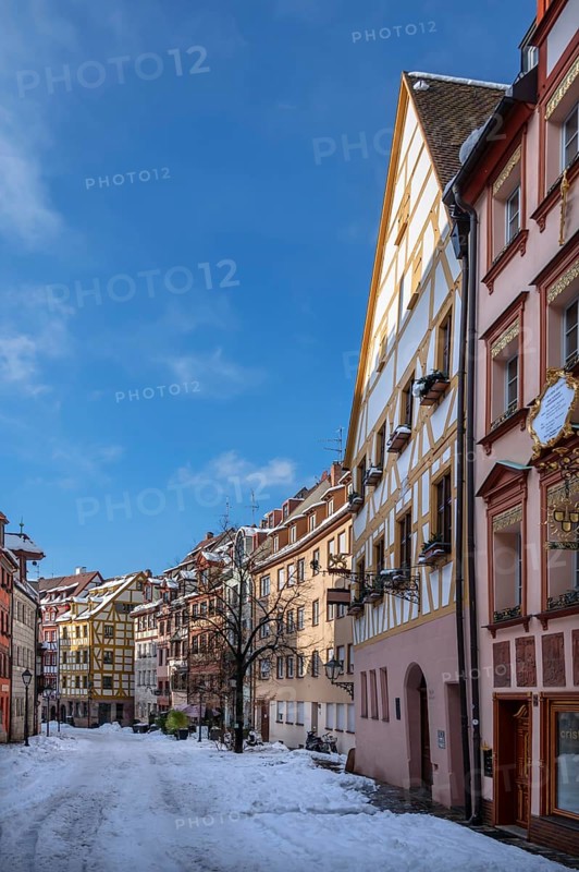 Historic half-timbered houses in Weißgerbergasse in winter, Nuremberg, Middle Franconia, Bavaria, Germany