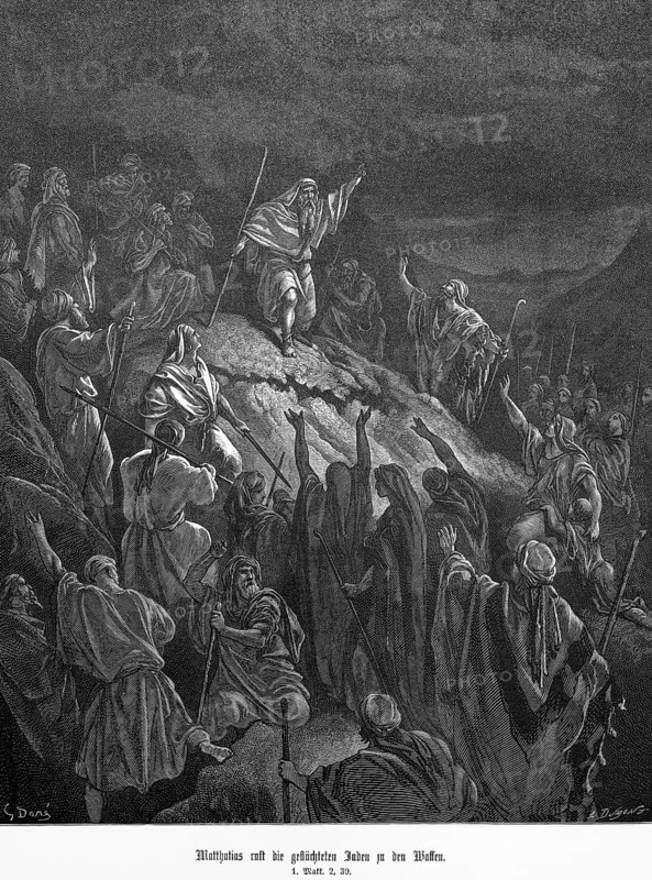Matthew Calls the Refugee Jews to Arms, 1 Mattatias Chapter 2, Verse 30, Gorges of the Judean Desert, Combat, Appeal, Sabbath, Speech, Staff, Enthusiasm, Christian Religion, Bible, Judea, Old Testament, Steel Engraving Doré, Historical Illustration 1885