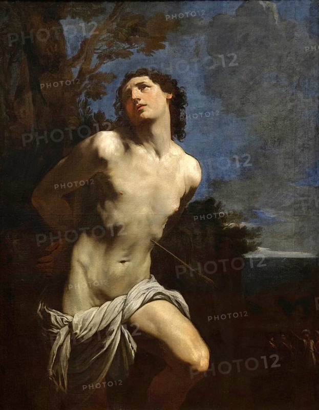 Painting, Reproduction of the painting, Work of art, Historical, Guido Reni, called il Guido or il divino Guido (born 4 November 1575 in Bologna, died 18 August 1642) Italian painter, fresco artist and etcher of the Bolognese school, main representative of a baroque classicism in painting, here the work:, Saint Sebastian, Saint Sebastian, Young man with melancholic look tied to a tree under a dramatic sky