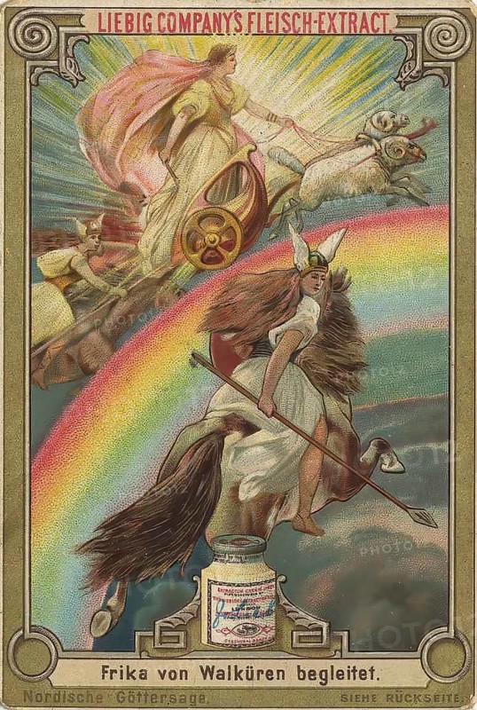 Picture series Norse Saga of the Gods, Frika accompanied by Valkyries, Liebig picture, digitally restored reproduction of a collector's picture from around 1900, public domain, exact date unknown, mythological scene with Frigg and Valkyries on a horse, framed by a rainbow