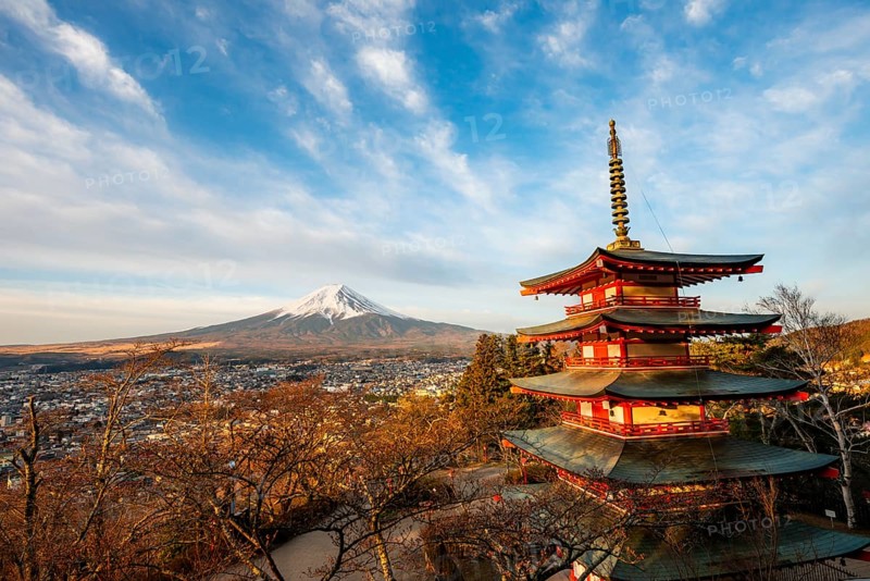 Five-story pagoda of a Shinto shrine in morning light, Chureito Pagoda, with views of Fujiyoshida City and Mount Fuji volcano at sunrise, Arakura Fuji Sengen Shrine, Arakurayama Sengen Park, Yamanashi Prefecture, Japan