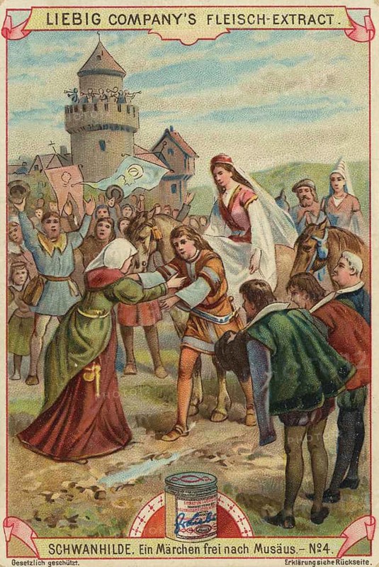 Picture series Schwanhilde, a fairy tale freely adapted from Musäus, Liebig picture, digitally restored reproduction of a collector's picture from around 1900, public domain, exact date unknown, A knight is embraced by a crowd of people in front of a castle in a fairy tale scene