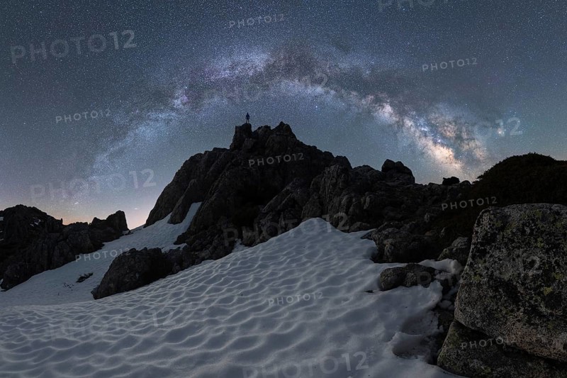 A lone figure stands on a snowy Icelandic peak beneath a stunning Milky Way sky The scene captures the serene beauty of a clear northern night in Iceland