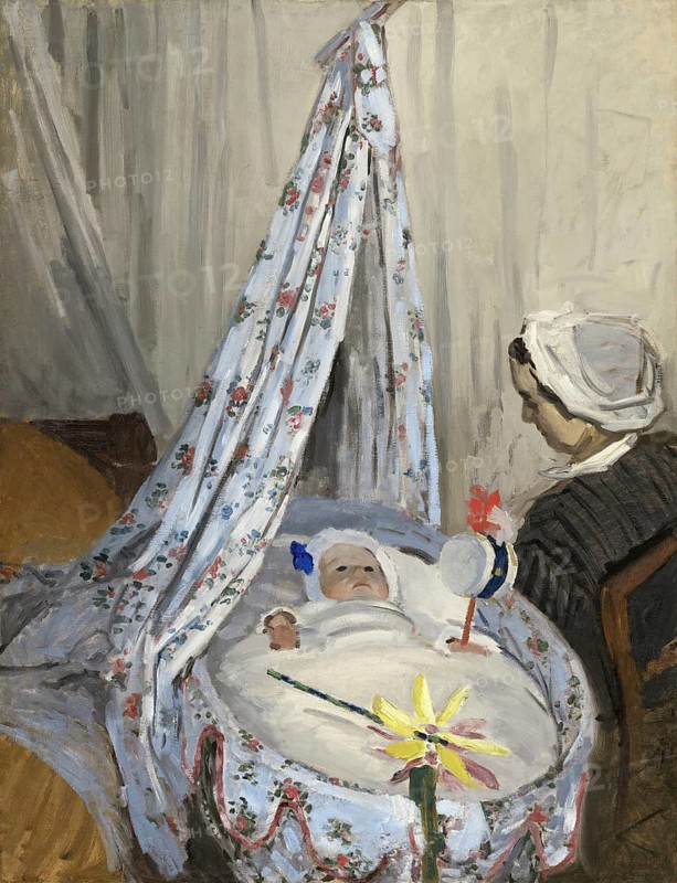 Claude Monet (b. 14 November 1840 in Paris as Oscar-Claude Monet, d. 5 December 1926) important French painter, Impressionist style. Here is his work, The Cradle, Camille with the Artist's Son Jean (1867), The Cradle, Camille with the Artist's Son Jean (1867), Woman sitting next to a sleeping baby in a decorative cradle in a cosy room