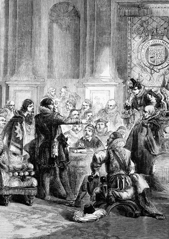 George Villiers, 1st Duke of Buckingham KG (28 August 1592 to 23 August 1628), in front of a parliamentary council investigating the Duke's royal and political activities, England, digital reproduction of a historical original