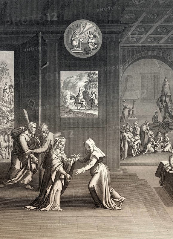 The Visitation, visit of Blessed Virgin Mary to St. Elizabeth, 1853, Steel engraving digitally restored