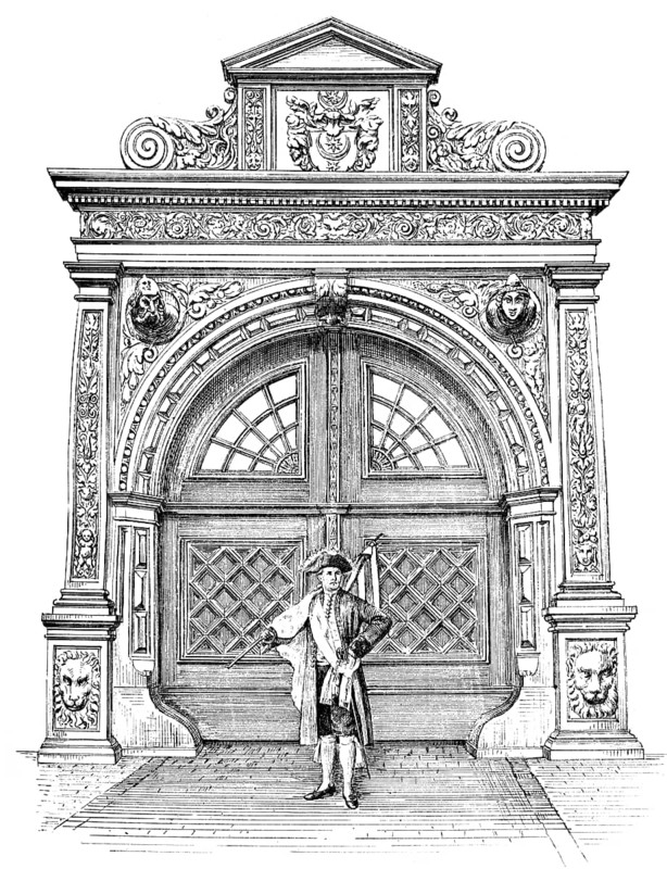 Historical architectural illustration from the 19th Century, 1881, German Renaissance style, 16th century, Portal of the Alte Waage or Ratswaage building, destroyed in World War II, Halle an der Saale, Sachsen-Anhalt, Germany, Europe, Deutsche Renaissance, Architektur-Zeichnung von 1881, Portal der Ratswaage, zerstört im Zweiten Weltkrieg, Halle, Saale, Sachsen-Anhalt, Deutschland, Europa