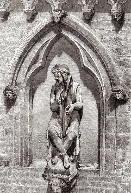 Harfenspieler, La Maison des musiciens, des ménétriers, das Haus der Musiker oder Fiedler, Rue De Tambour, Reims, Frankreich, 19.