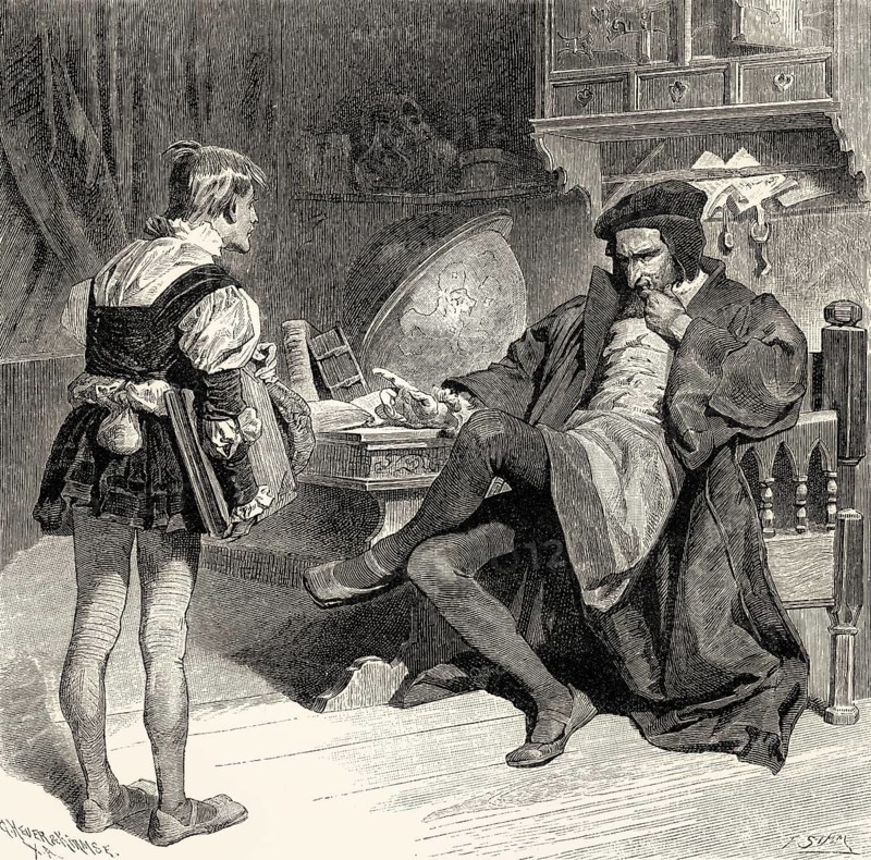 Mephistopheles with a student, first part of the tragic play Faust by Johann Wolfgang von Goethe