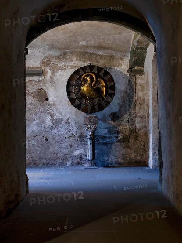 Interior photograph, historic Romanesque St John's disc, gold disc with eagle figure, treasure, golden, round, metal disc, crypt, Cathedral of Our Lady, Constance, Baden-Württemberg, Germany
