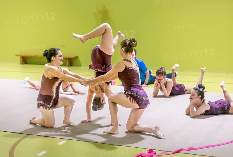 A group of gymnasts with disability in purple costumes perform a synchronized acrobatic routine on a mat. The image captures their focus, inclusion and coordination against a green background